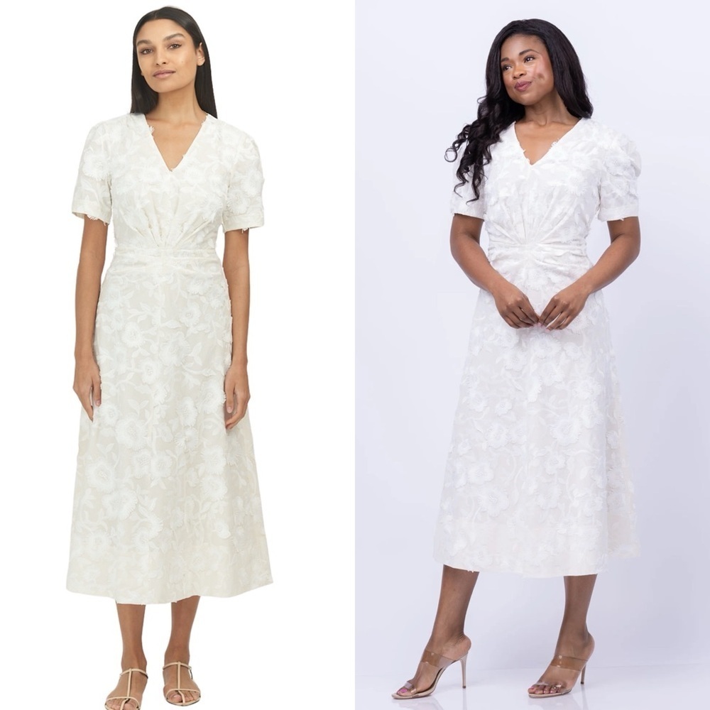 TANYA TAYLOR DORIS COTTON CREAM WHITE FLORAL EMBROIDERED SHORT SLEEVE MIDI DRESS